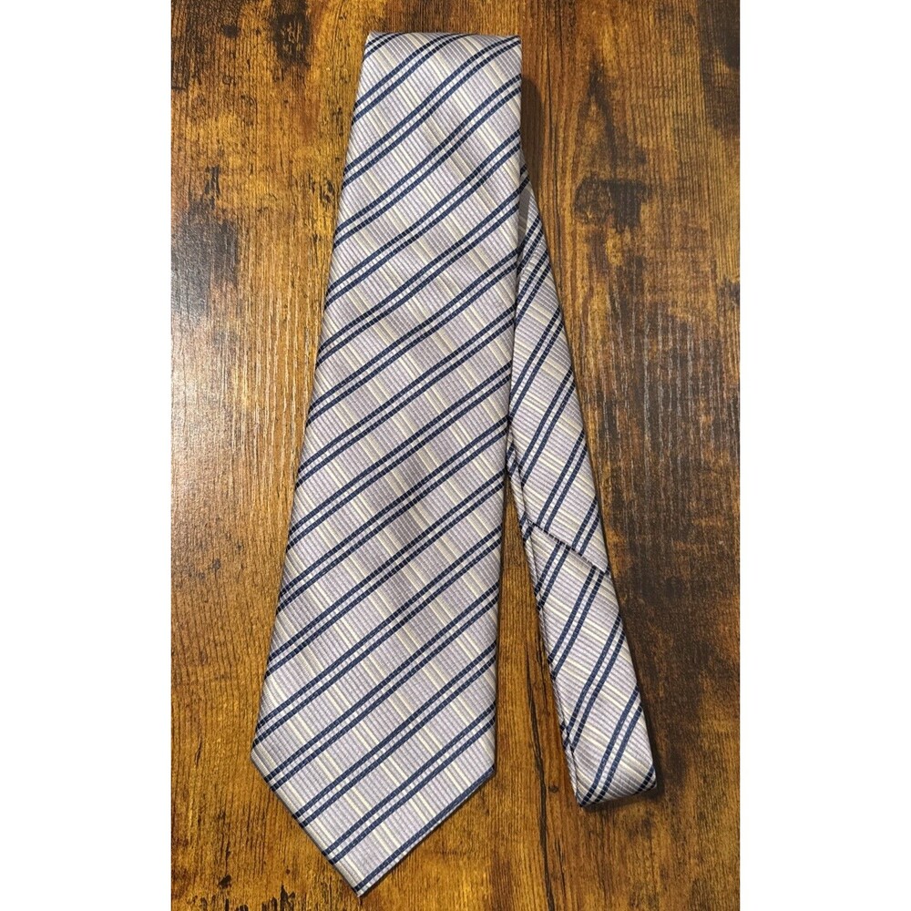 Viyella Classic Polyester Tie Dark Blue, Light Blue, and Grey Plaid Pattern  VTG